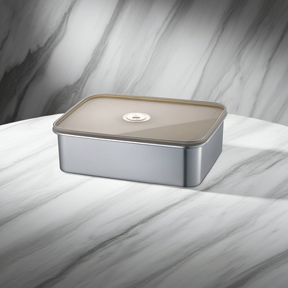 Rectangular metal container with a beige lid on a marble surface
