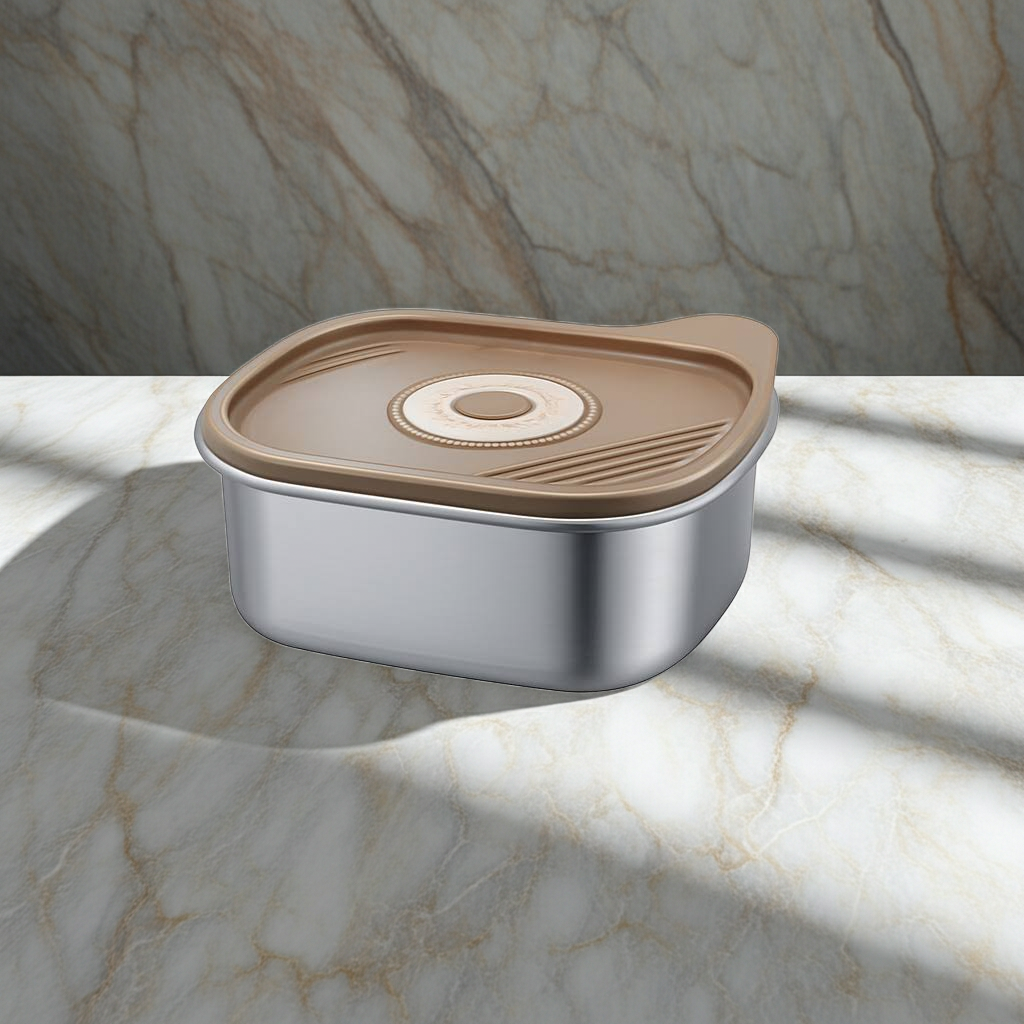 Stainless steel container with a brown lid on a marble surface