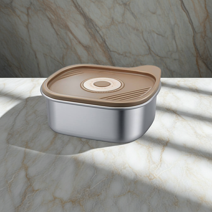 Stainless steel container with a brown lid on a marble surface
