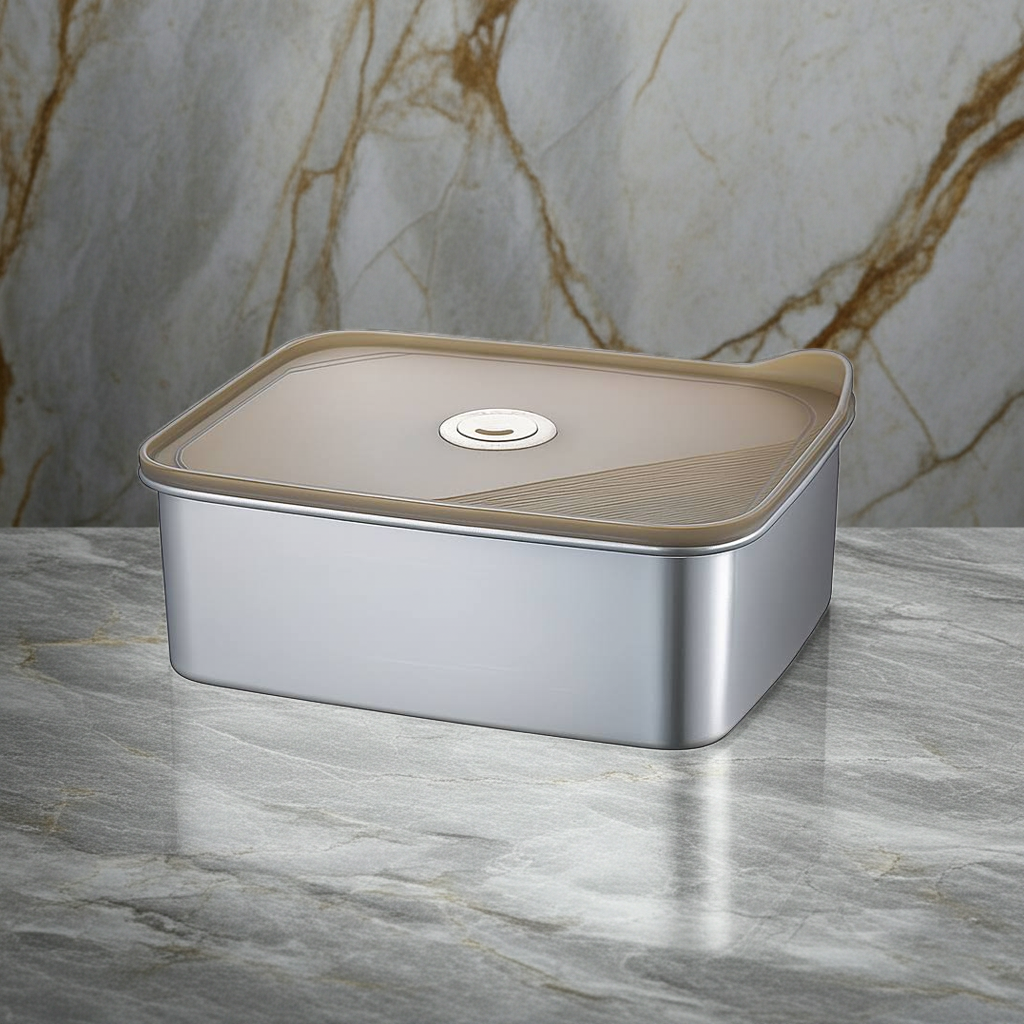 Rectangular metal container with beige lid on a marble surface