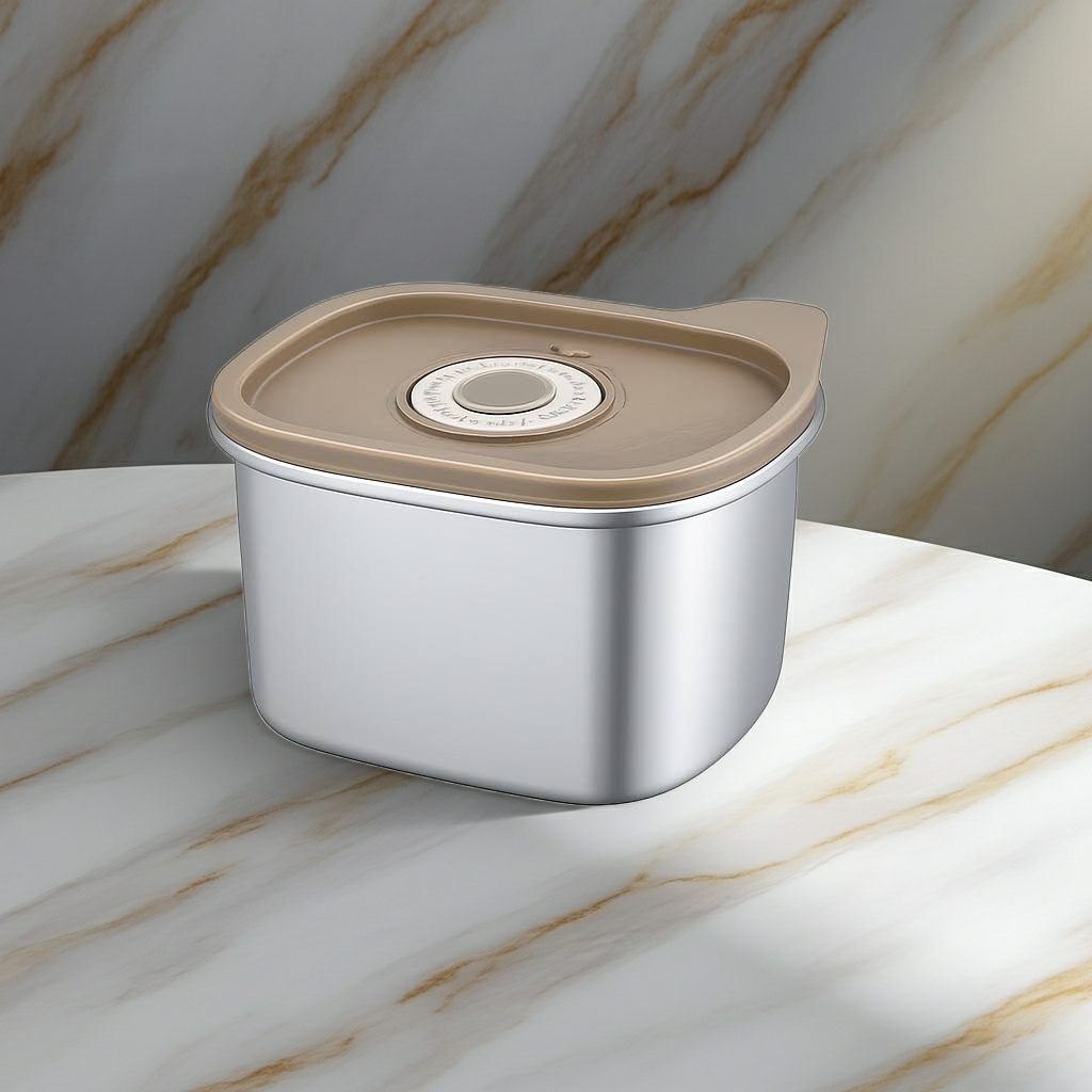 Metallic container with a beige lid on a marble surface
