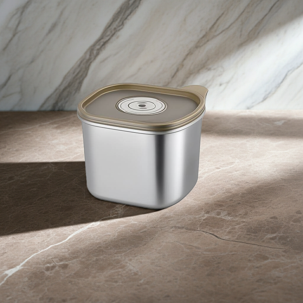 Silver storage container with a brown lid on a marble surface