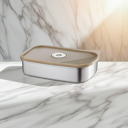 Rectangular metal container with a wooden lid on a marble surface