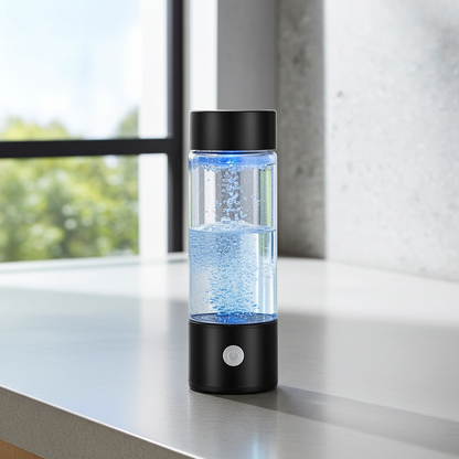 Black and clear water bottle with blue light on a white surface