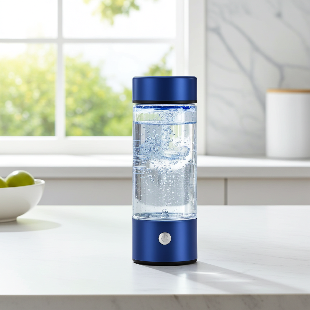 Blue and clear water bottle on a kitchen counter with a window in the background