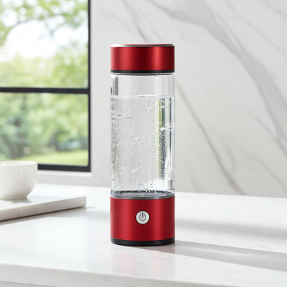 Red and clear glass water bottle with power button on a white surface