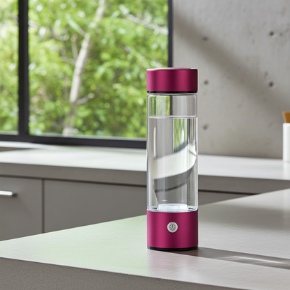 Clear water bottle with a purple base and cap on a kitchen counter