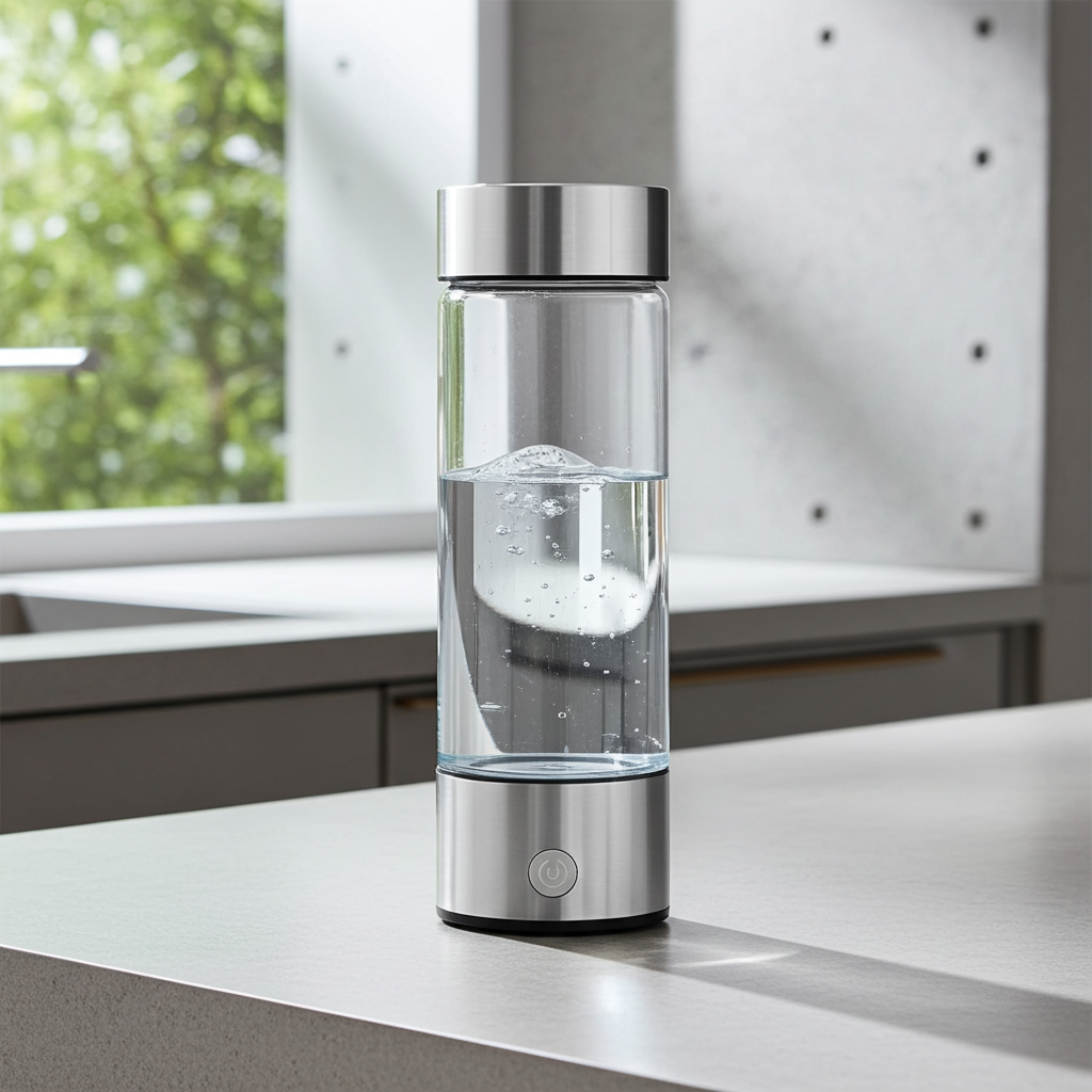 Silver and clear glass water bottle on a kitchen counter