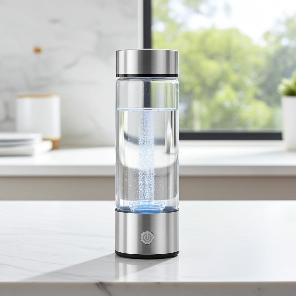 Clear water bottle with silver top and base on a white surface