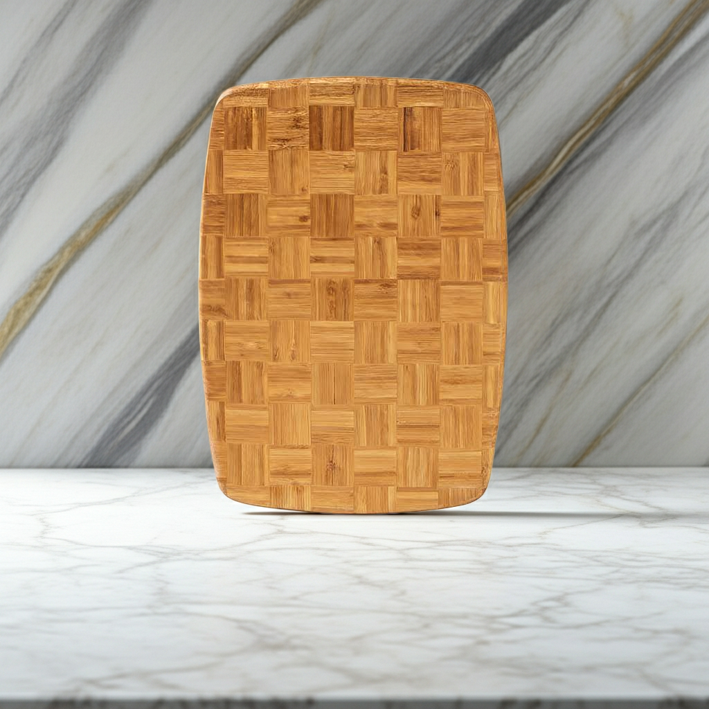 Wooden cutting board with a woven pattern on a marble background