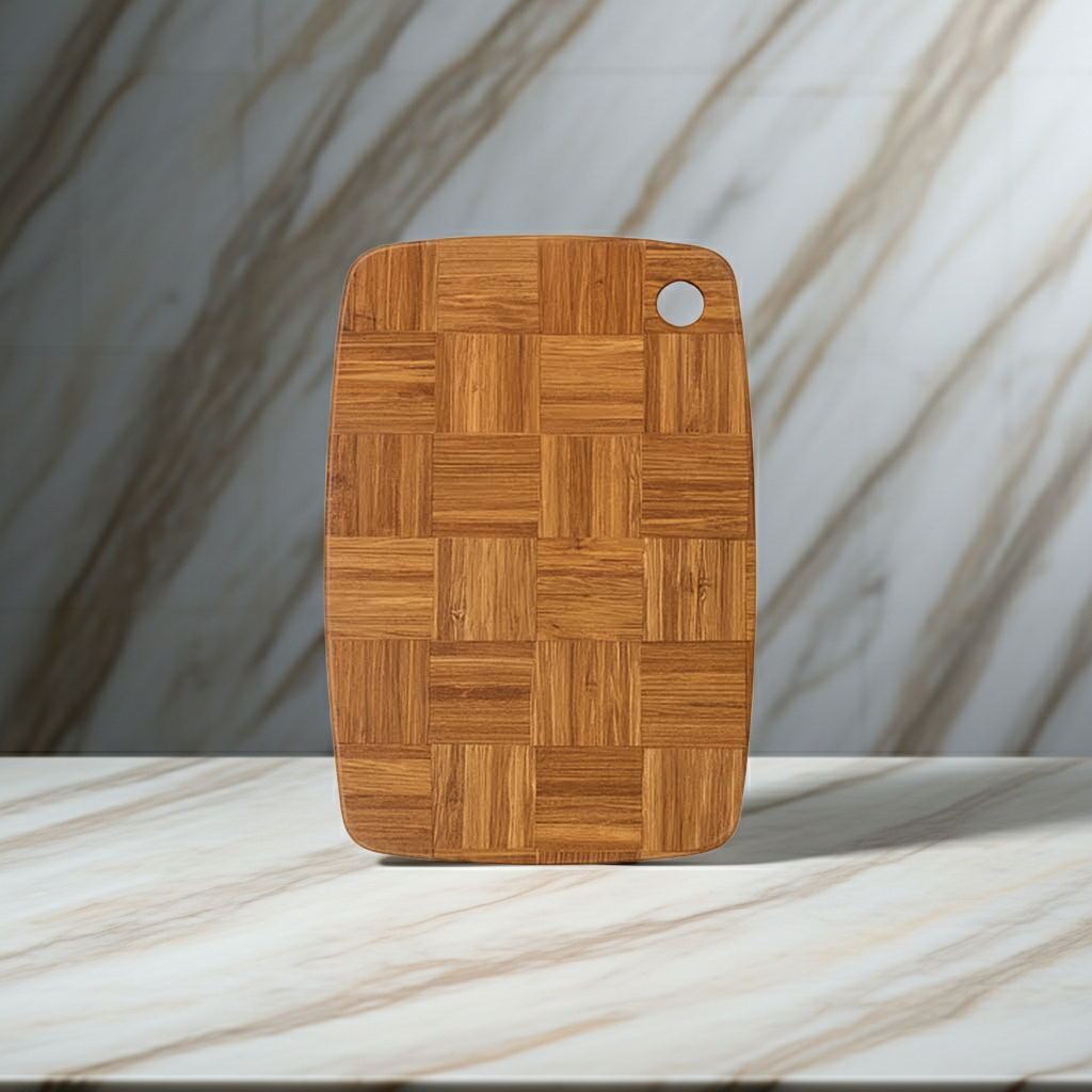 Wooden cutting board with a herringbone pattern on a marble surface
