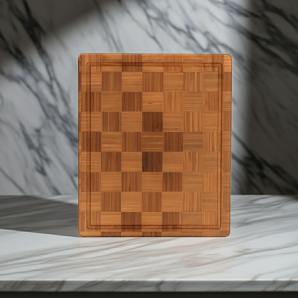 Wooden cutting board with a checkered pattern on a marble surface