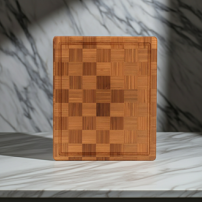 Wooden cutting board with a checkered pattern on a marble surface