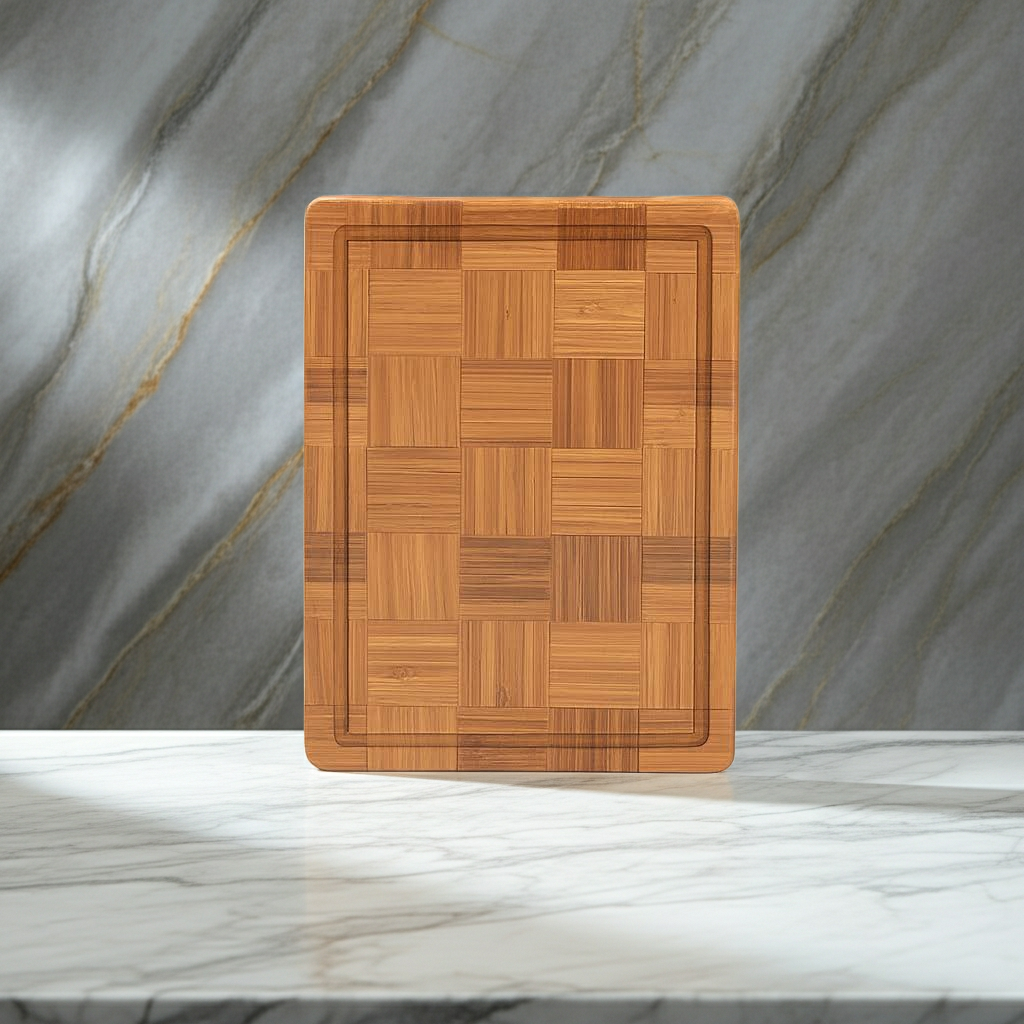 Wooden cutting board on a marble surface