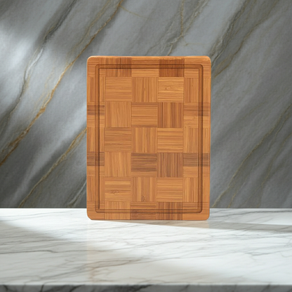 Wooden cutting board on a marble surface