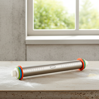 Rolling pin with colorful ends on a wooden surface near a window with greenery outside