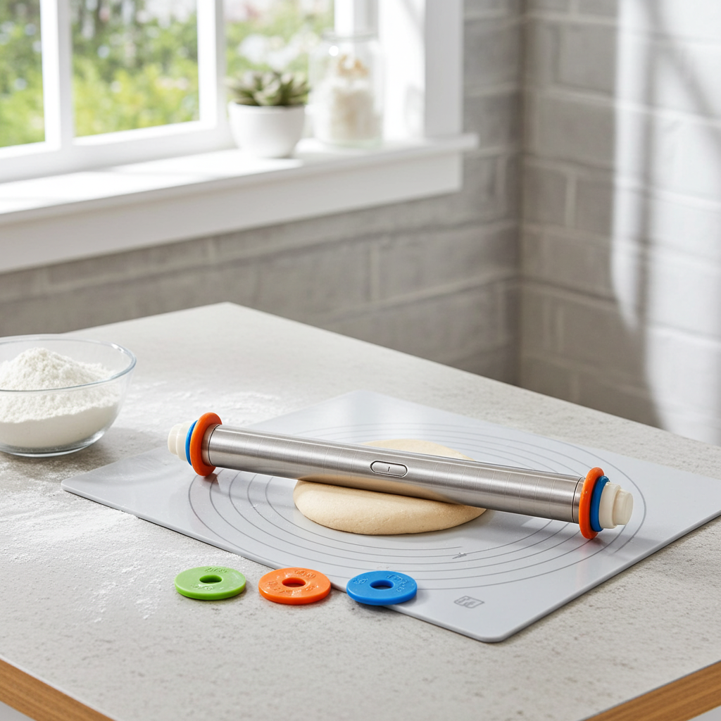 Rolling pin on a kitchen counter with a window in the background