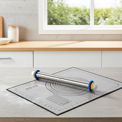 Rolling pin on a baking mat in a kitchen setting