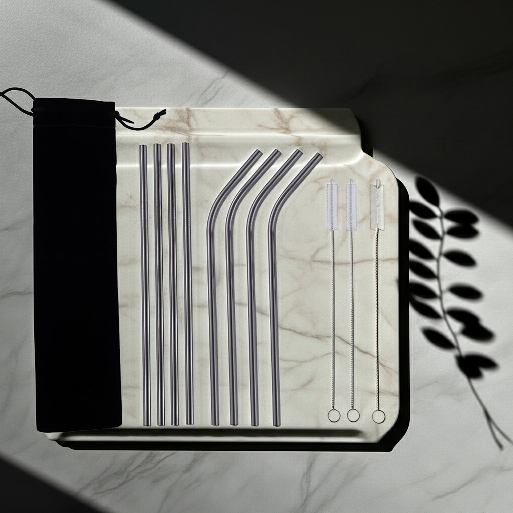 Set of reusable straws in a clear plastic case on a marble surface