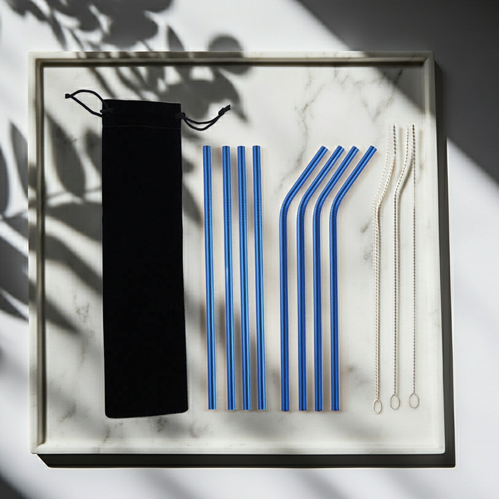 Set of blue and clear straws with a black carrying case on a marble surface.