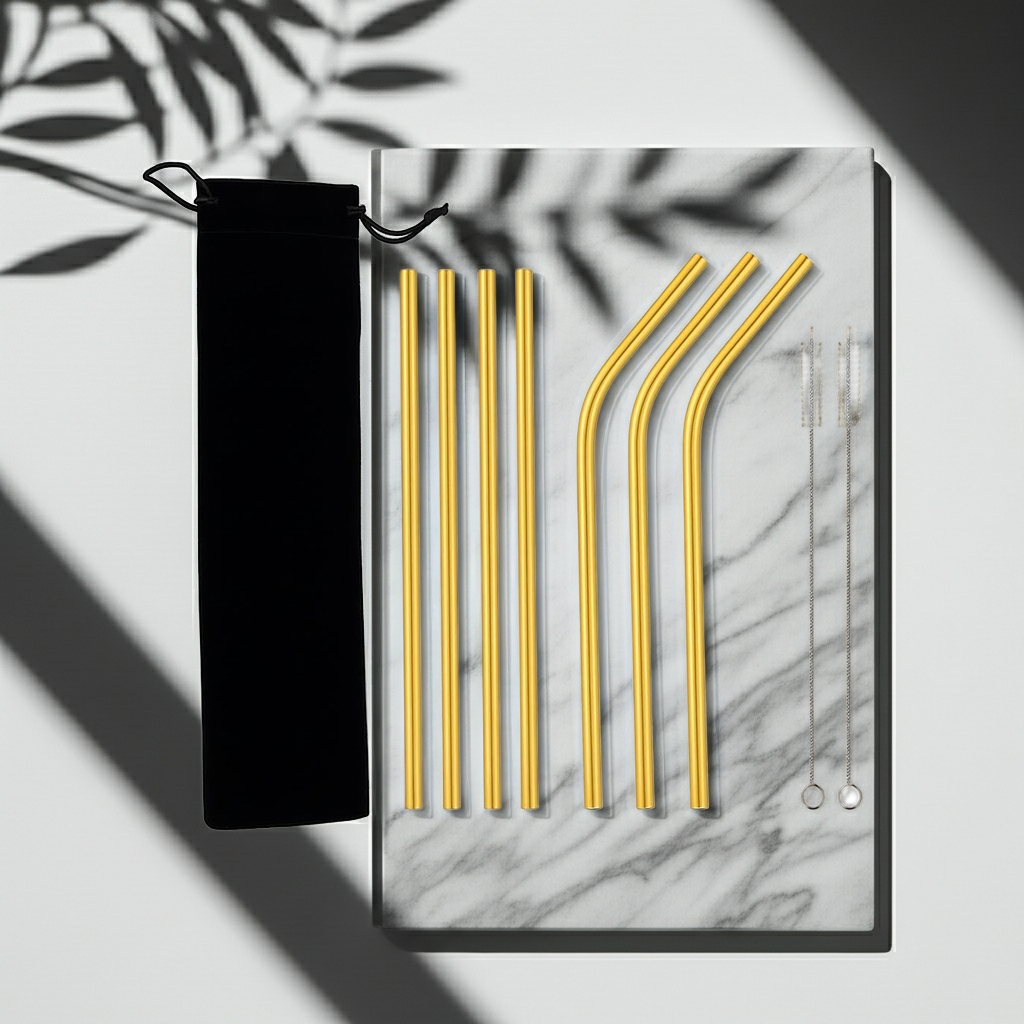 Set of gold metal straws with cleaning brush on a marble surface with black pouch.