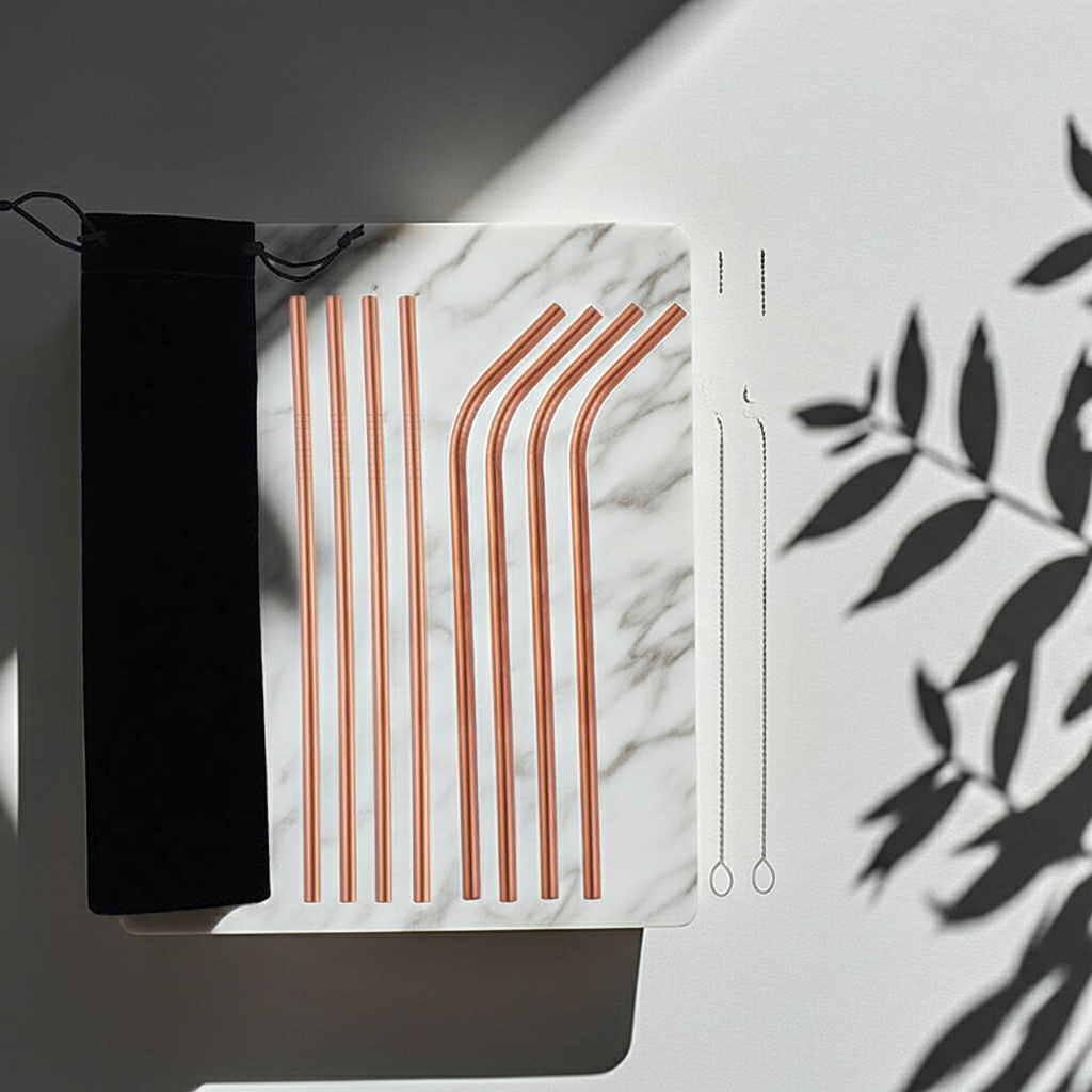 Set of copper-colored straws on a marble-patterned card with a black pouch.
