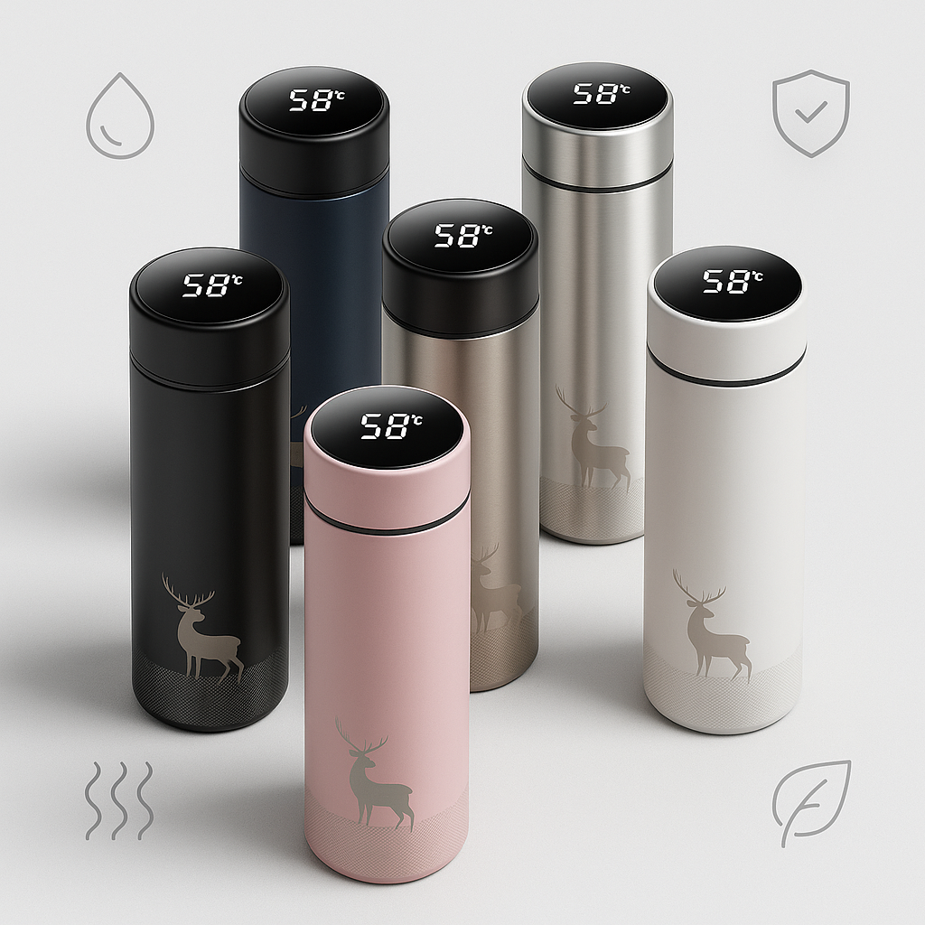 Set of insulated bottles with digital temperature displays on a light gray background