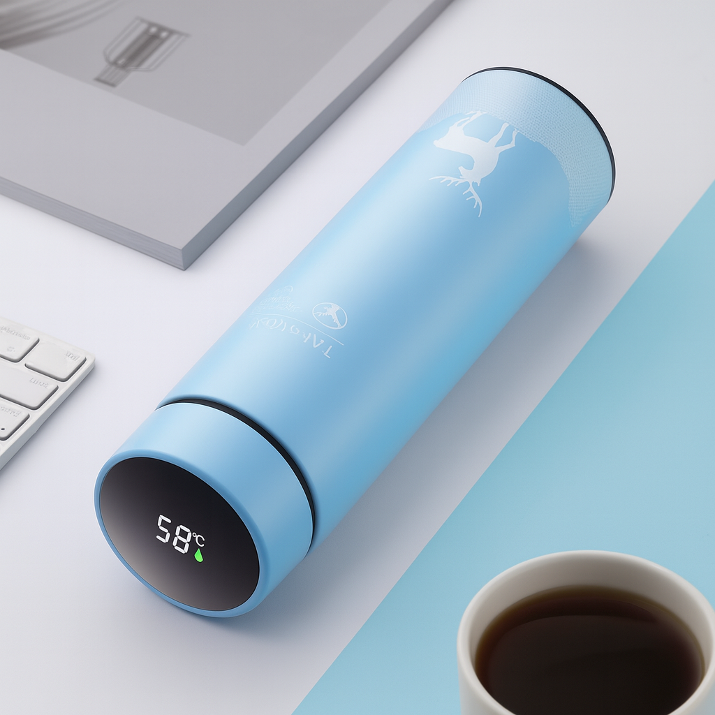 Blue thermos with digital temperature display on a desk next to a cup of coffee