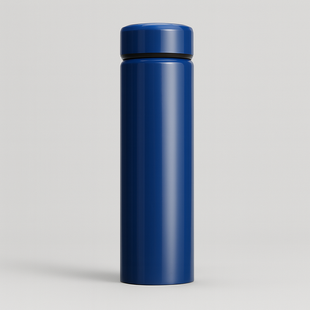Blue thermos bottle on a light gray background