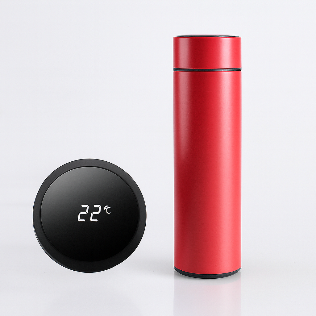 Red thermos bottle with digital temperature display on a white background