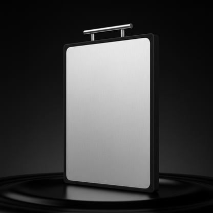 Titanium cutting board up right on a staging surface with a black background