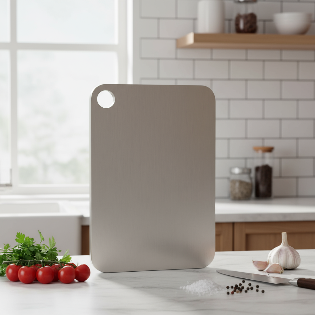 Pure titanium cutting board on a kitchen counter with tomatoes and herbs