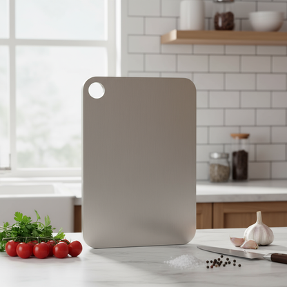 Pure titanium cutting board on a kitchen counter with tomatoes and herbs