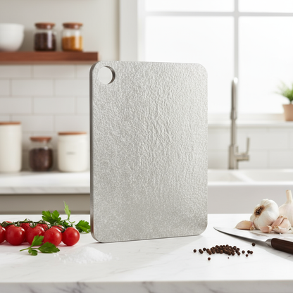 Ice crystal titanium cutting board up right on a table