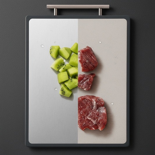 Split titanium cutting board with sliced kiwi on one side and raw meat on the other, against a dark background.