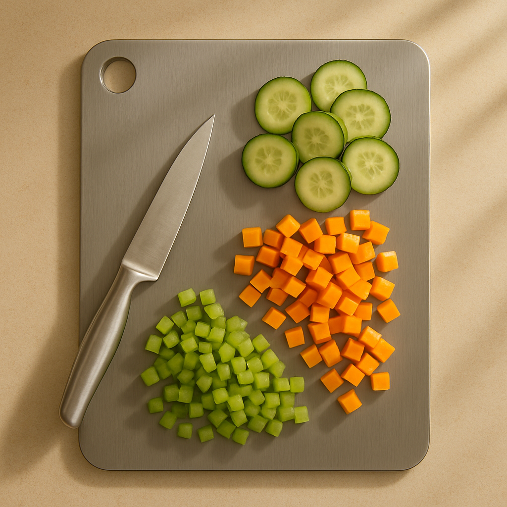 Chopped vegetables including cucumbers, carrots, and celery on a cutting board with a knife.